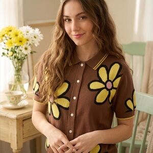 NWT Wesc POLO COLLAR CARDIGAN DAISYS SUMMER KNIT SHORT SLEEVE SHIRT